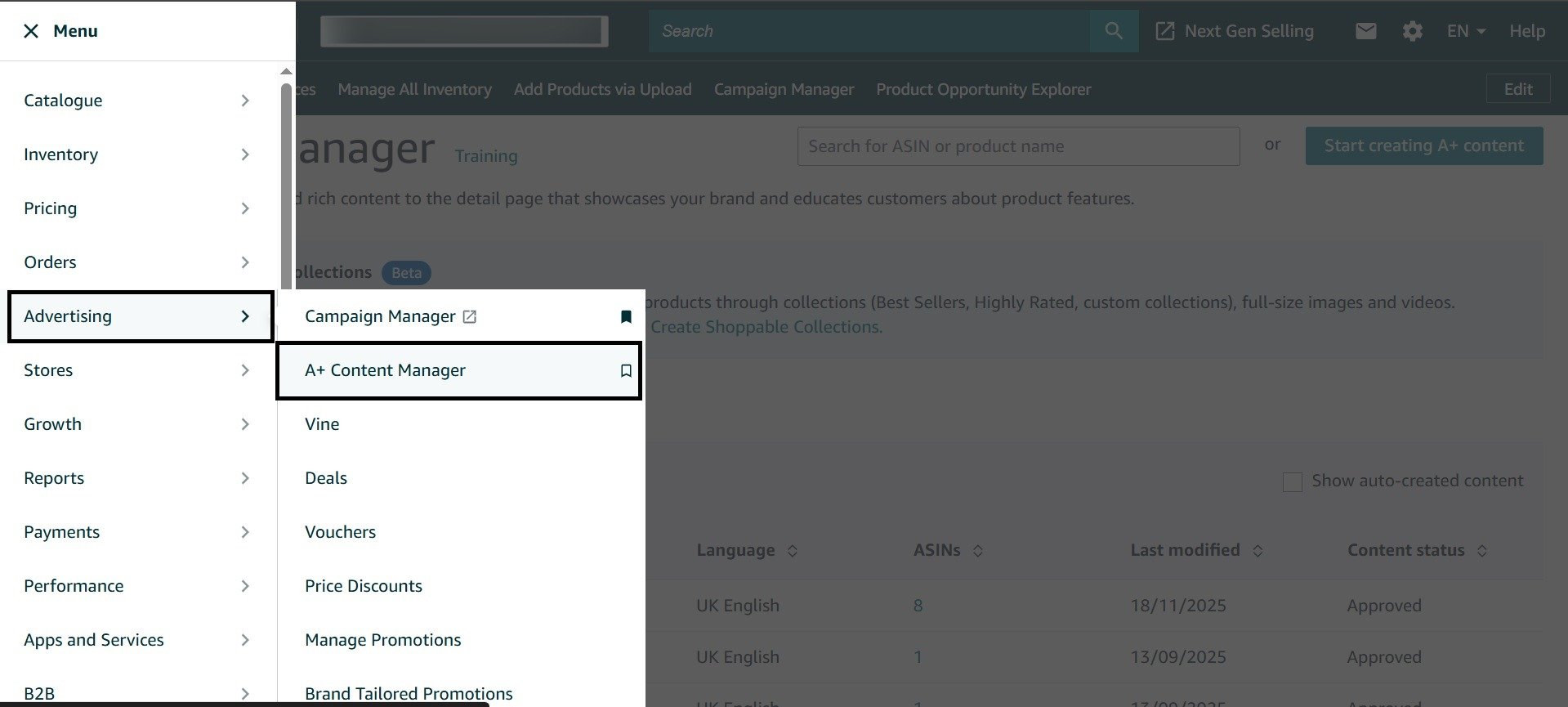 Amazon advertising menu showing campaign manager and content manager navigation options expanded