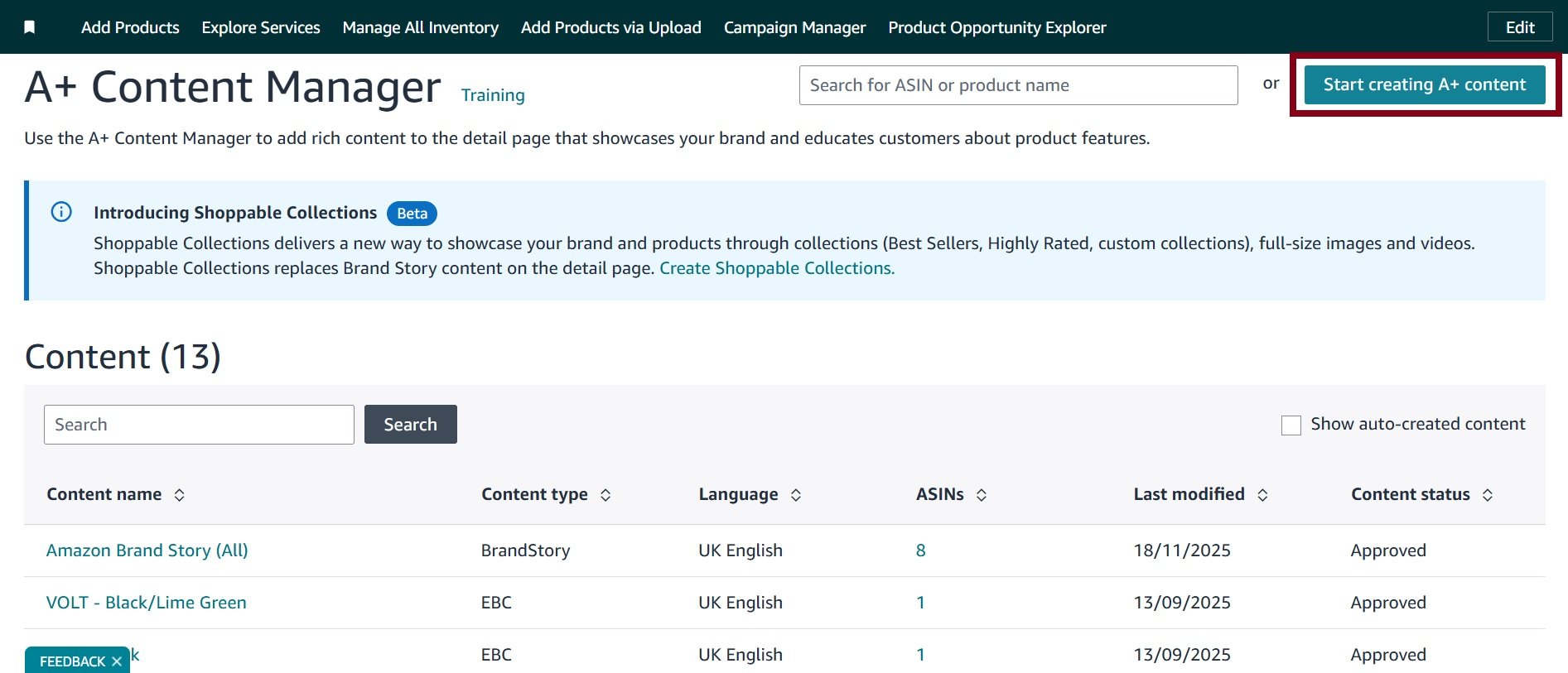 Amazon A+ Content Manager dashboard showing product content list with brand story and approval status