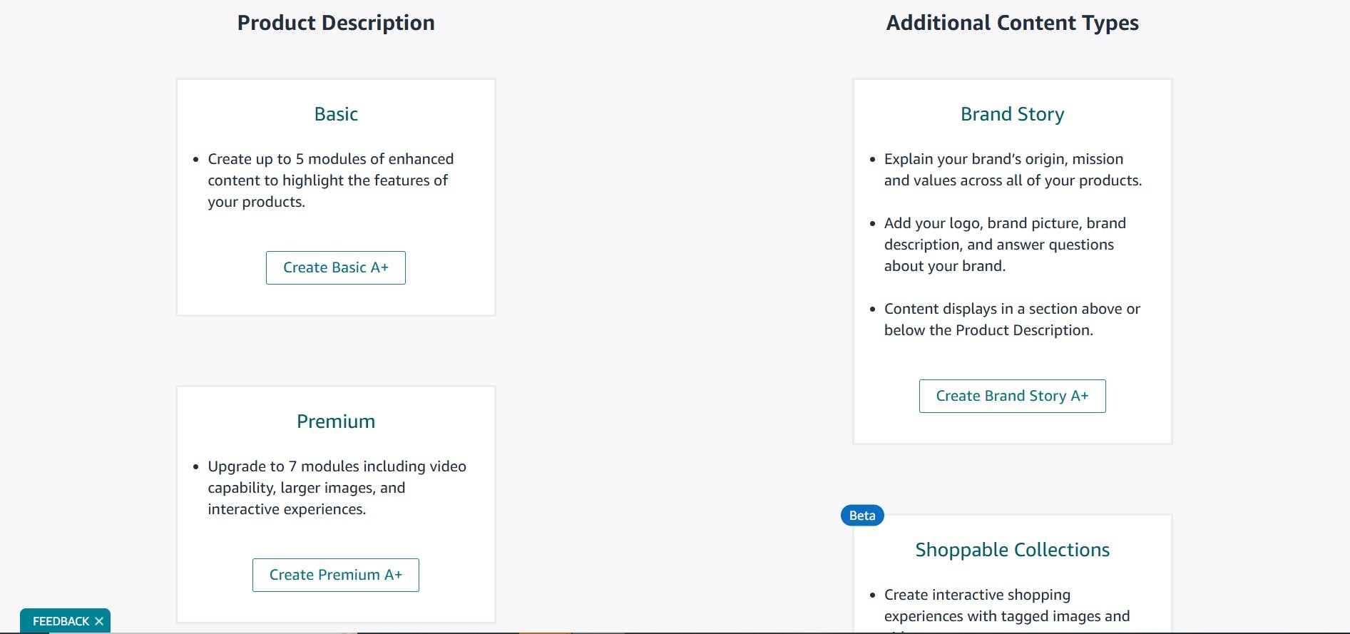 Amazon product description options showing Basic and Premium tiers with Brand Story content