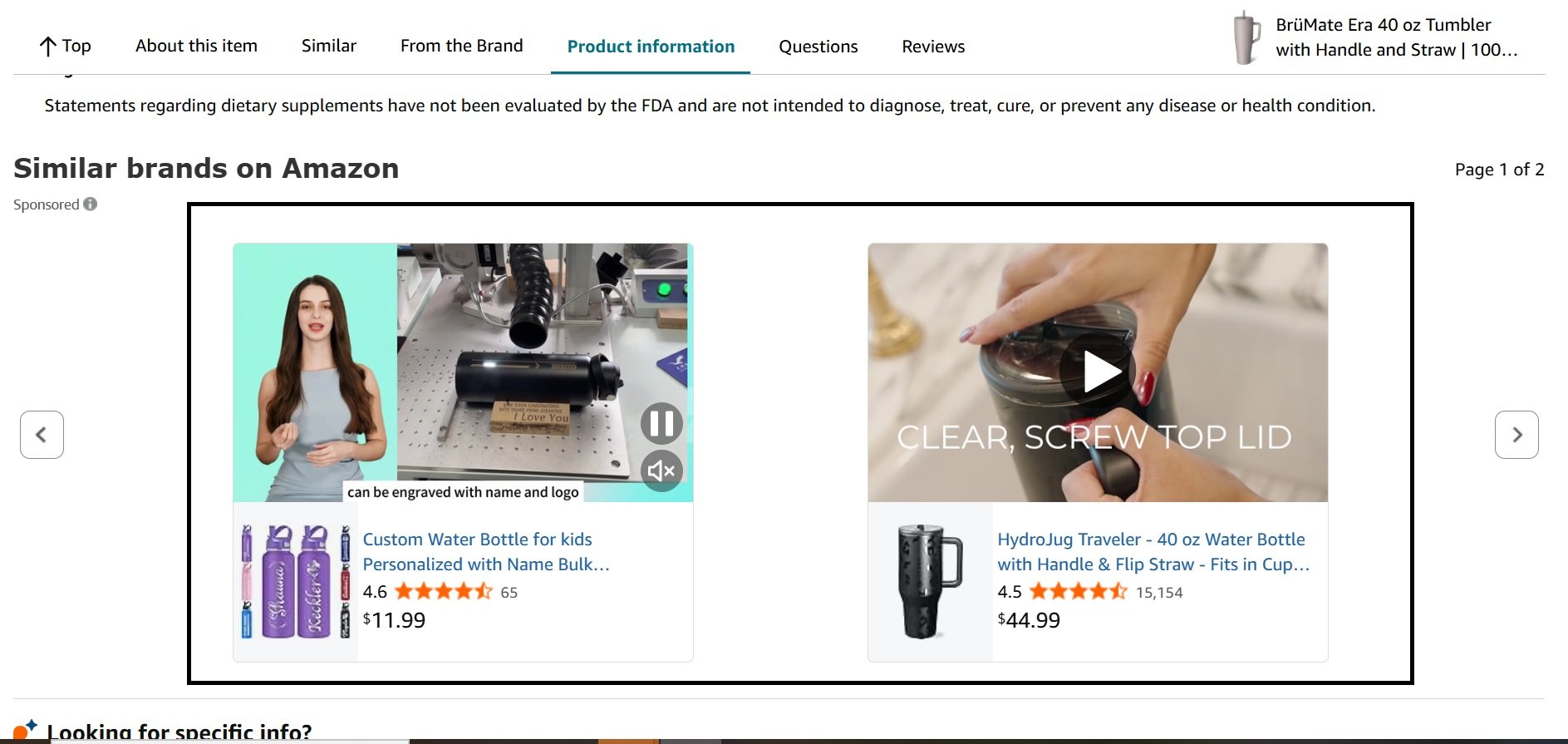 Amazon product page showing sponsored water bottle advertisements with videos and customer ratings