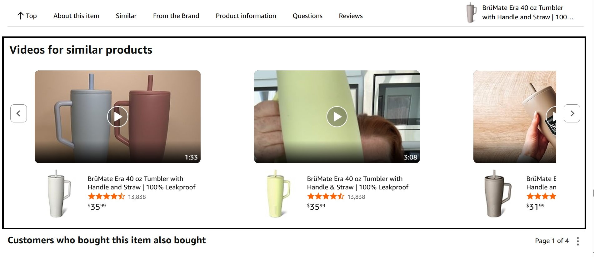 Video carousel showing BrüMate Era tumbler product variations with handles and straws