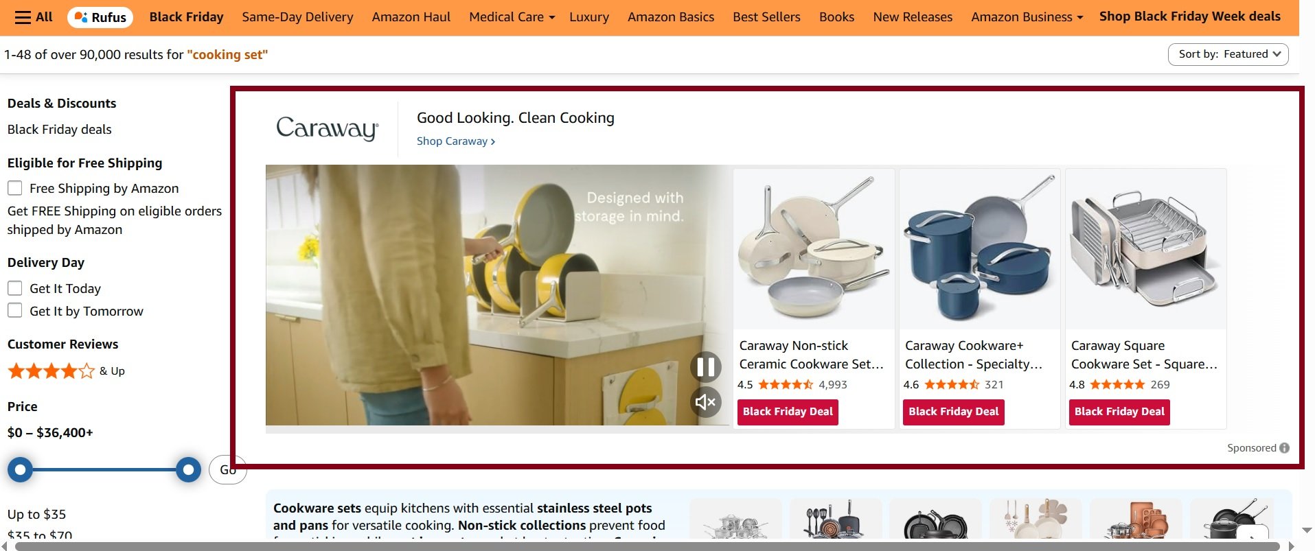 Amazon search results page showing Caraway cookware sets with Black Friday deals and product images
