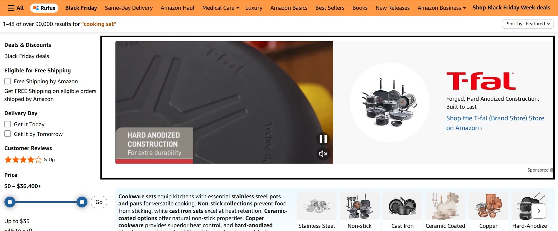Amazon cooking set search results page showing T-fal cookware sponsored advertisement with video