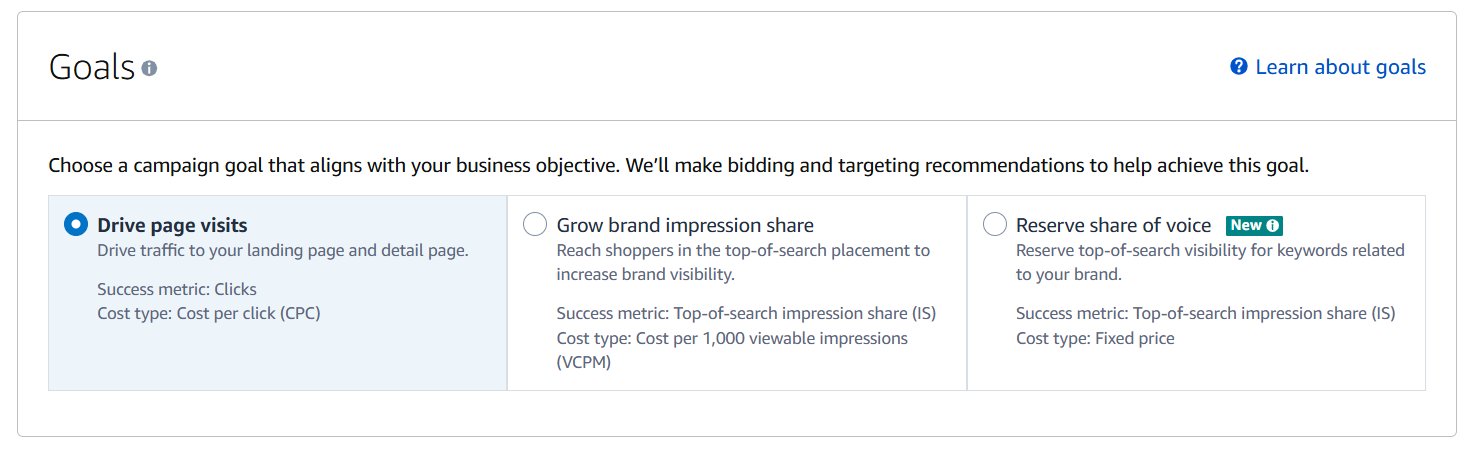 Amazon Sponsored Brands campaign goals interface showing drive page visits, brand impression share, and reserve share options