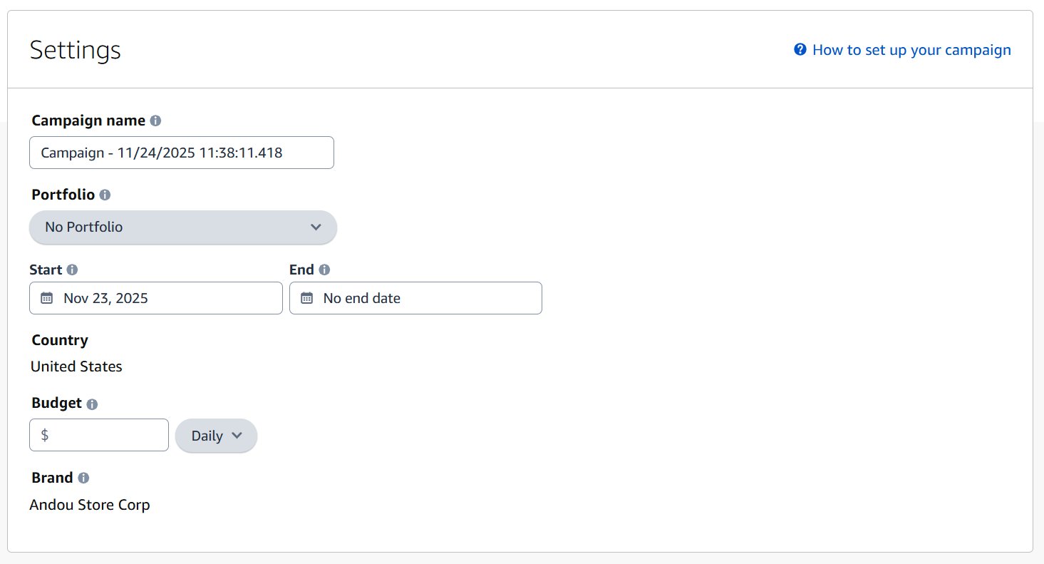 Amazon Sponsored Brands campaign settings page showing fields for name, portfolio, dates, and budget