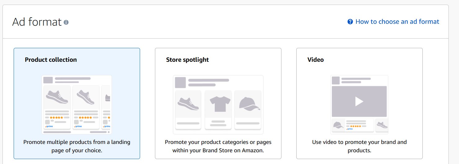 Three Amazon Sponsored Brands ad format options: Product collection, Store spotlight, and Video