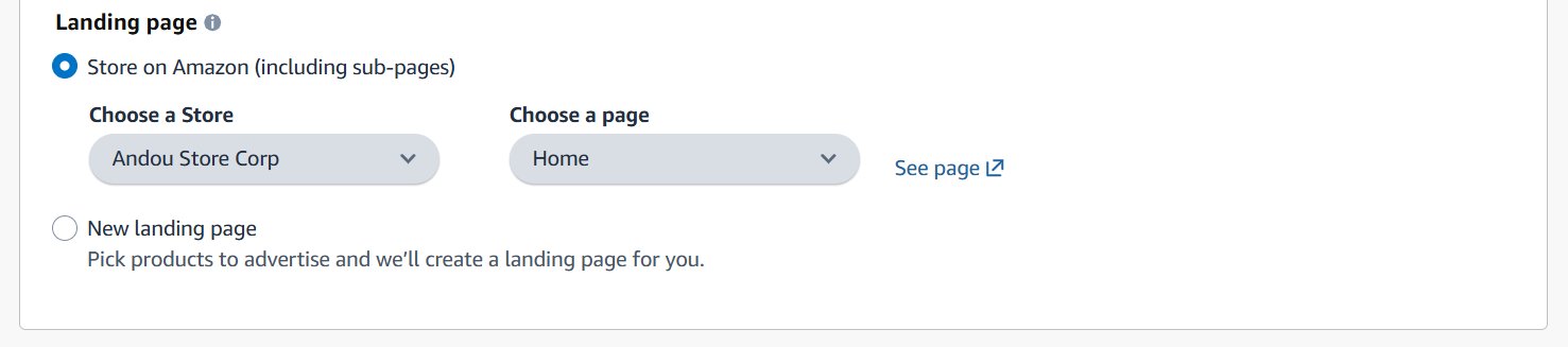 Amazon Sponsored Brands landing page selection interface showing store and page dropdown menus