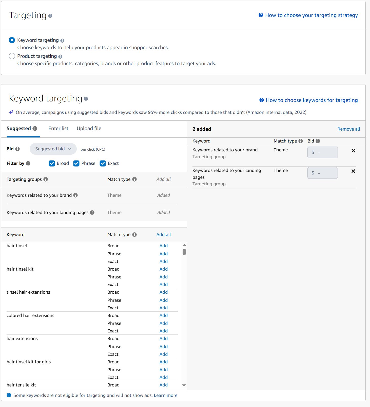 Amazon Sponsored Brands keyword targeting interface showing suggested keywords and match type options