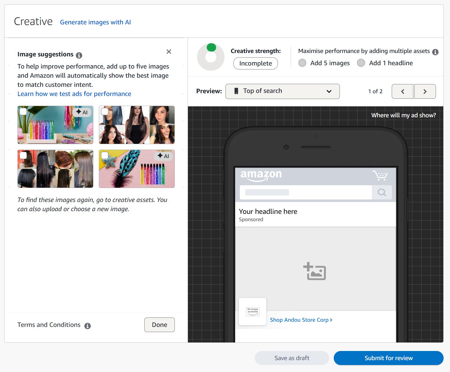 Amazon Sponsored Brands creative interface showing image suggestions and mobile ad preview with headline placeholder