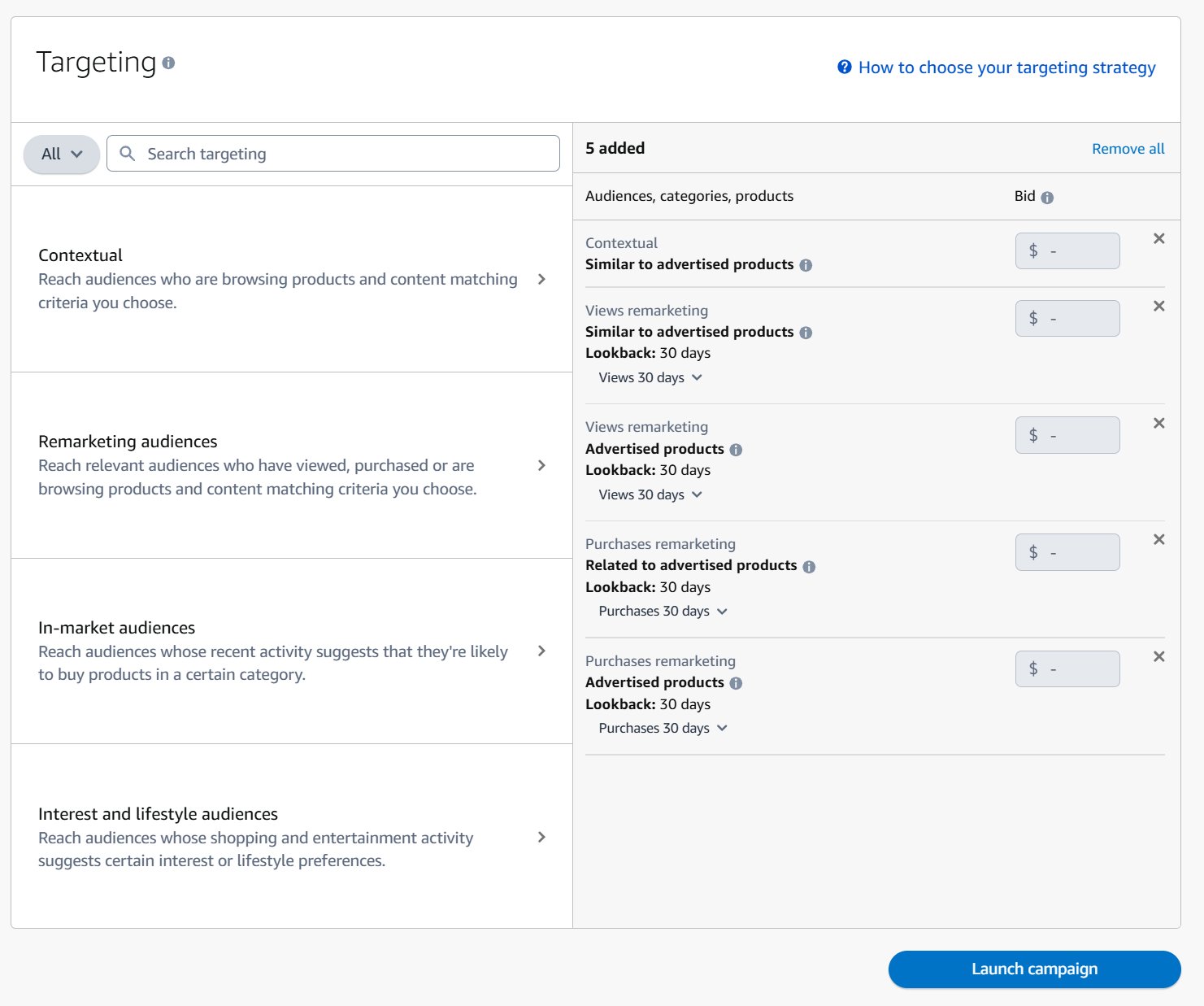 An advertising targeting interface showing audience selection categories and 5 added targeting strategies with bid fields.
