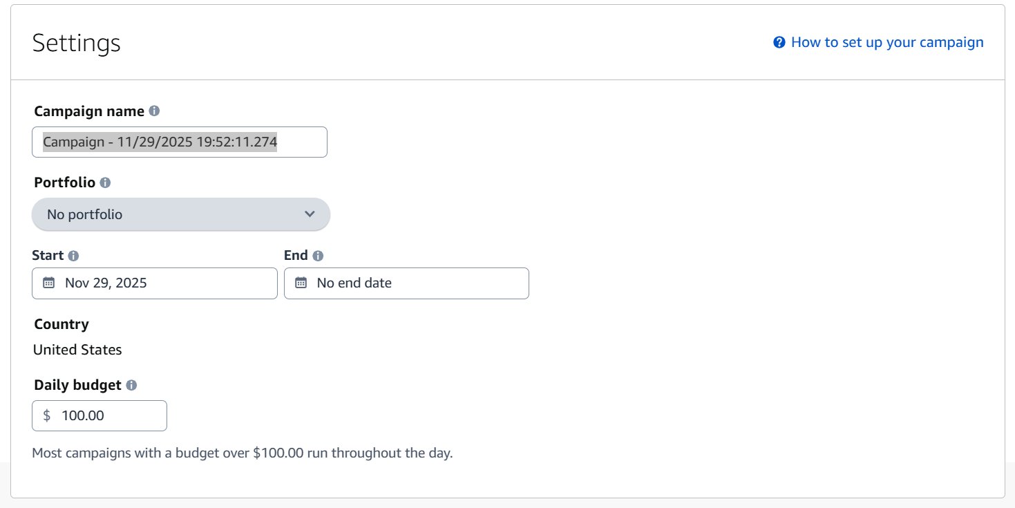 A settings page for a campaign, displaying input fields for name, portfolio, start/end dates, country, and daily budget.