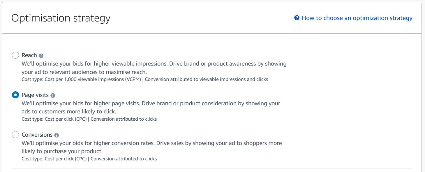A screenshot of an 'Optimisation strategy' section with three radio button options: Reach, Page visits, and Conversions. Page visits is selected.