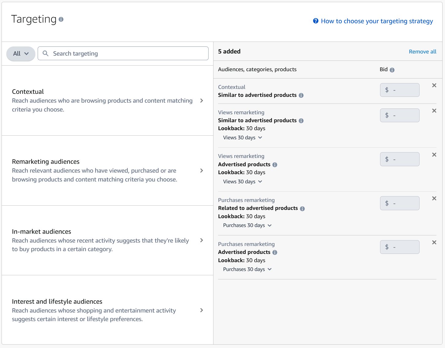 A screenshot of an advertising platform's targeting settings, displaying various audience types and five added targeting options with bid fields.