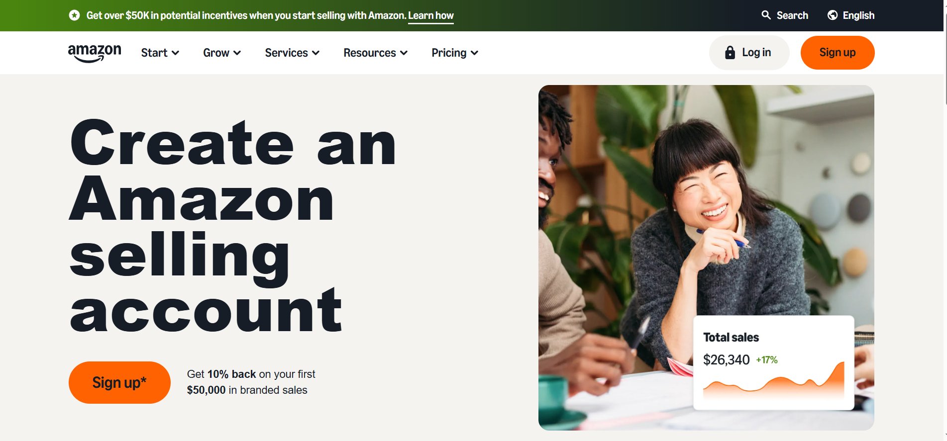Amazon selling account creation page with smiling people and sales performance data.