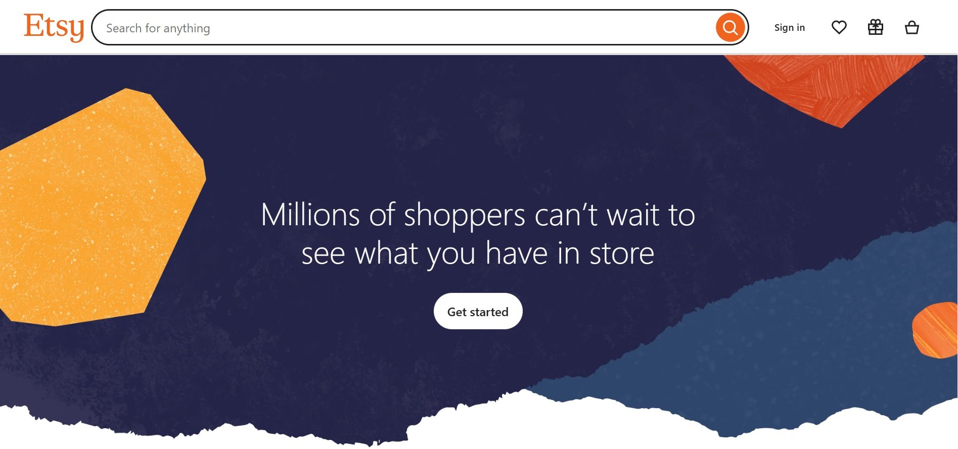Etsy homepage featuring a search bar, 'Millions of shoppers can't wait' message, and 'Get started' button.