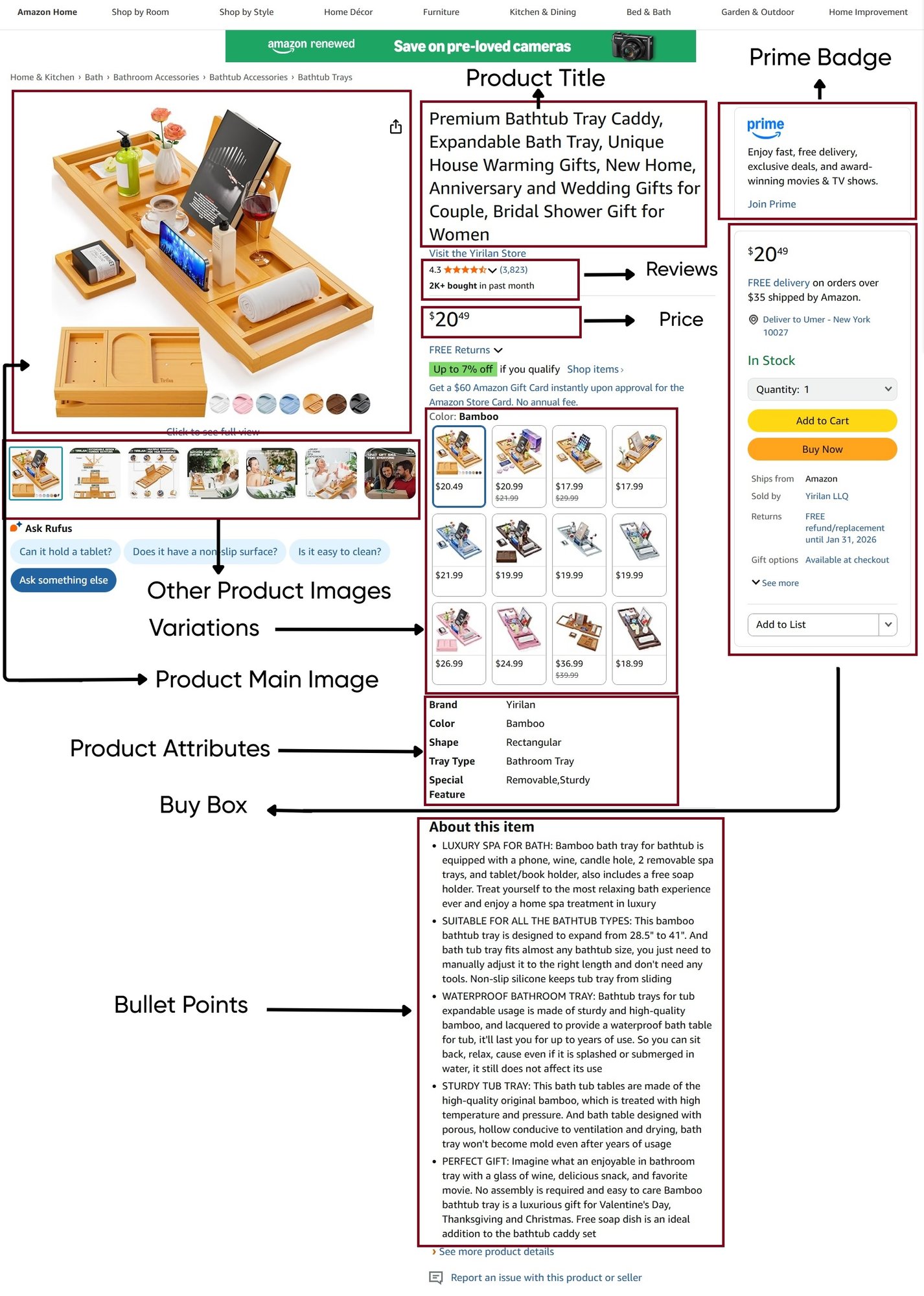 Amazon product page displaying a bamboo bathtub tray caddy with a book, wine glass, and accessories.