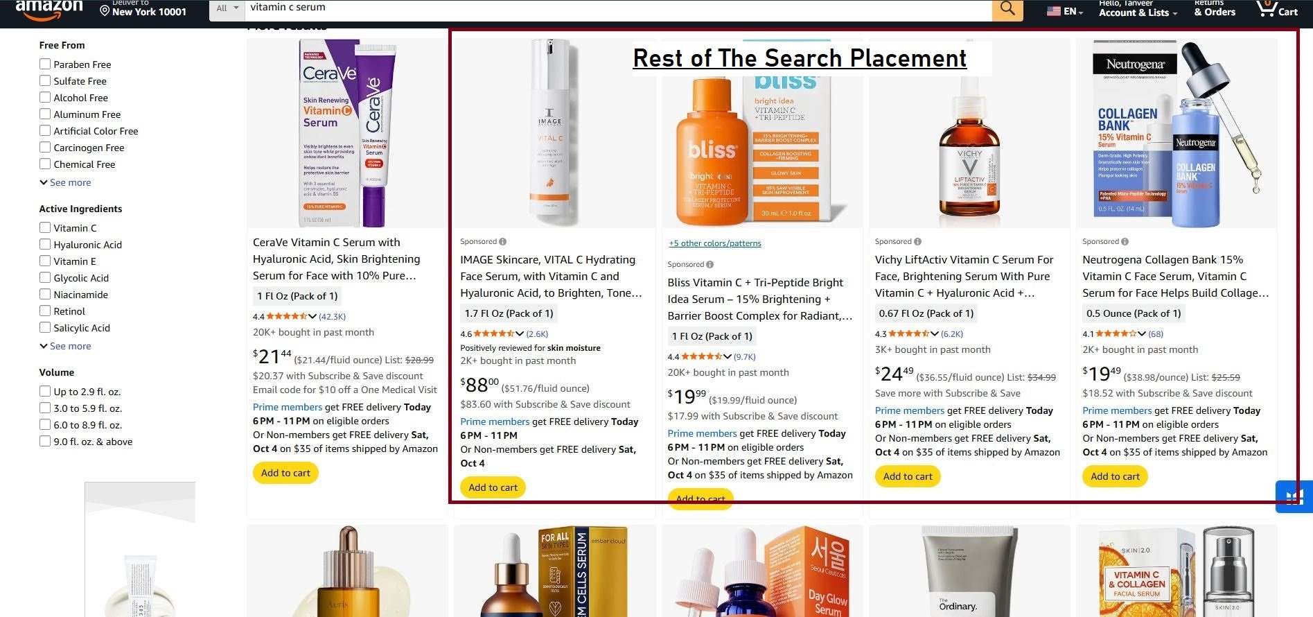 Amazon search results for 'vitamin c serum' showing various products and filter options.