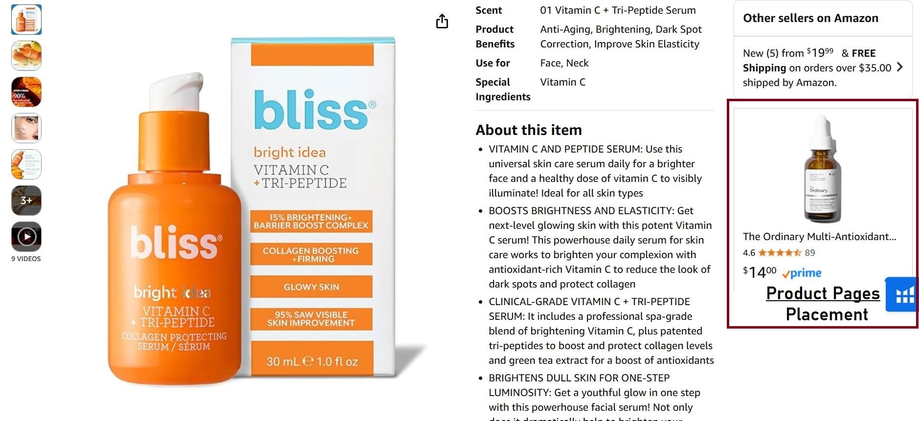 Amazon product page showing Bliss Vitamin C serum and an ad for The Ordinary Multi-Antioxidant serum.