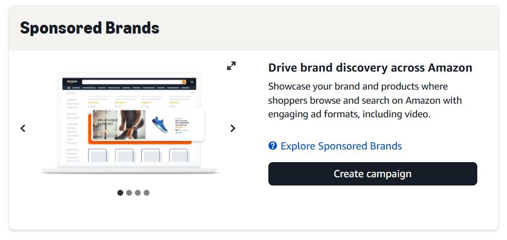 A 'Sponsored Brands' section on Amazon with a laptop displaying shoe ads and brand discovery text.