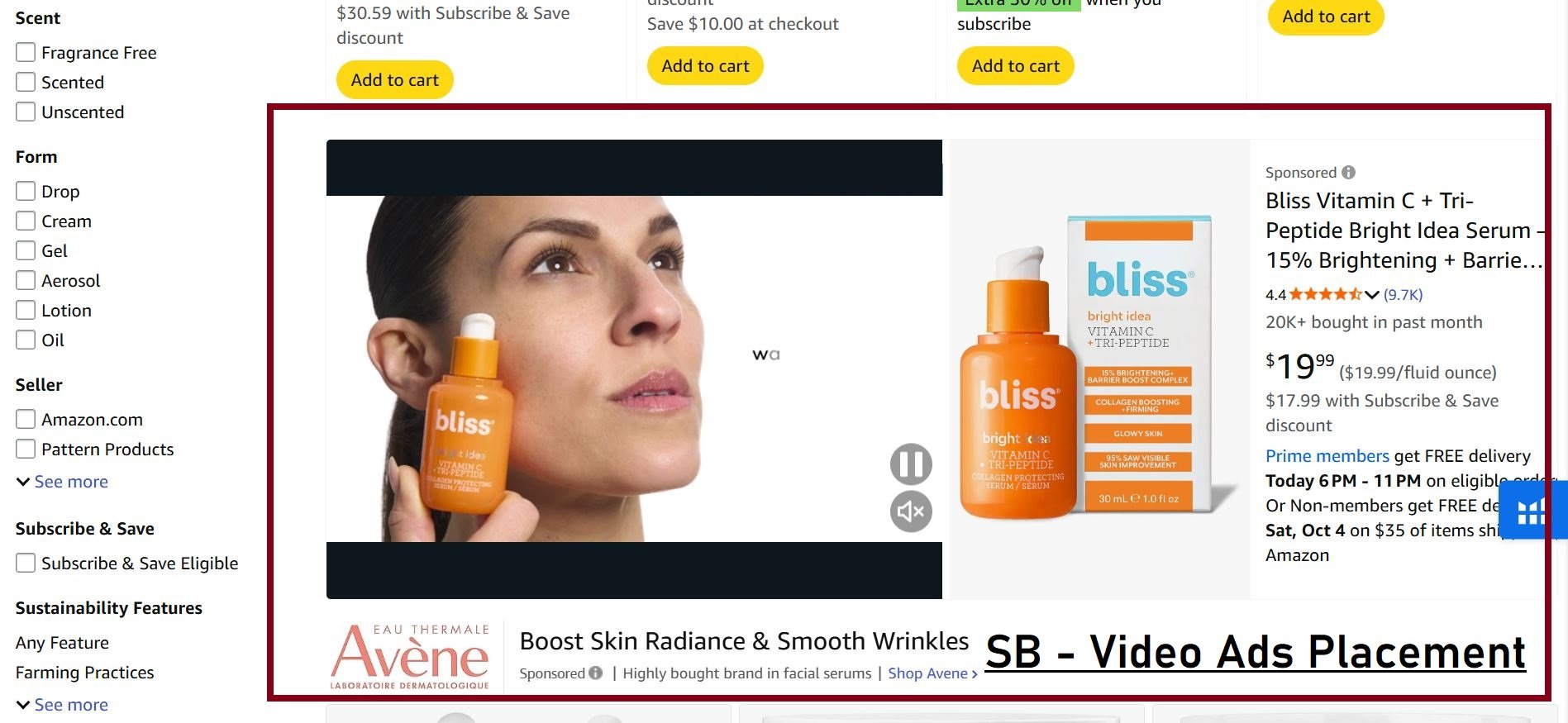 An Amazon product page showing a prominent video advertisement for Bliss Vitamin C serum, with product details and a sidebar.