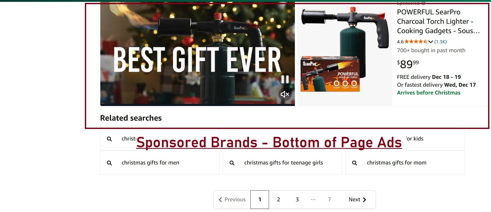 An Amazon product page showing a SearPro torch lighter ad and sponsored brand search suggestions.