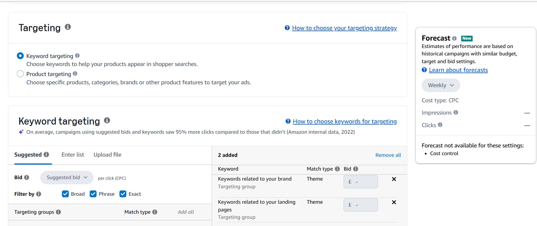 Amazon ad campaign settings showing keyword targeting options, including suggested bids, match types, and a forecast panel.