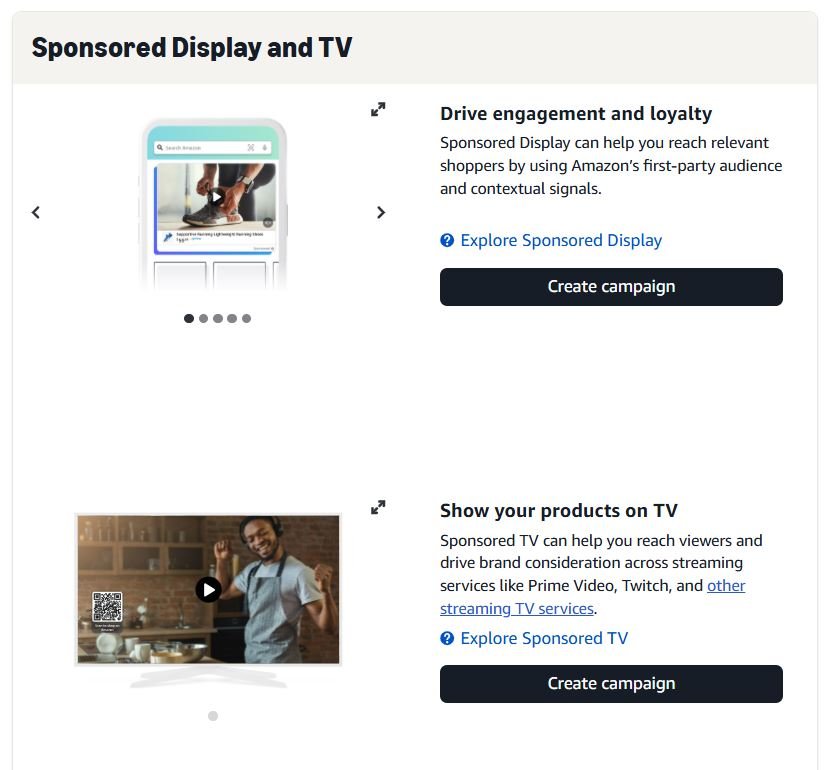 Two sections detailing Amazon's Sponsored Display ads on mobile and Sponsored TV ads with a video.