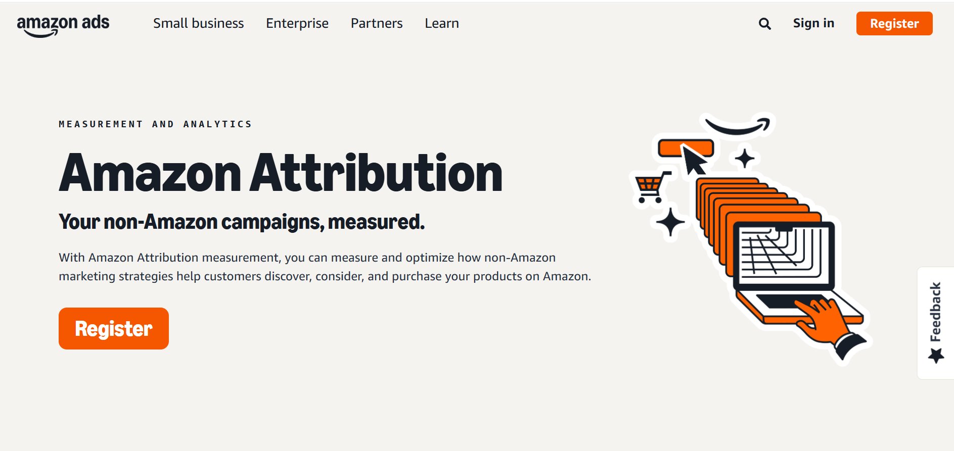 Amazon Attribution landing page showing how to measure non-Amazon campaigns with an orange register button.