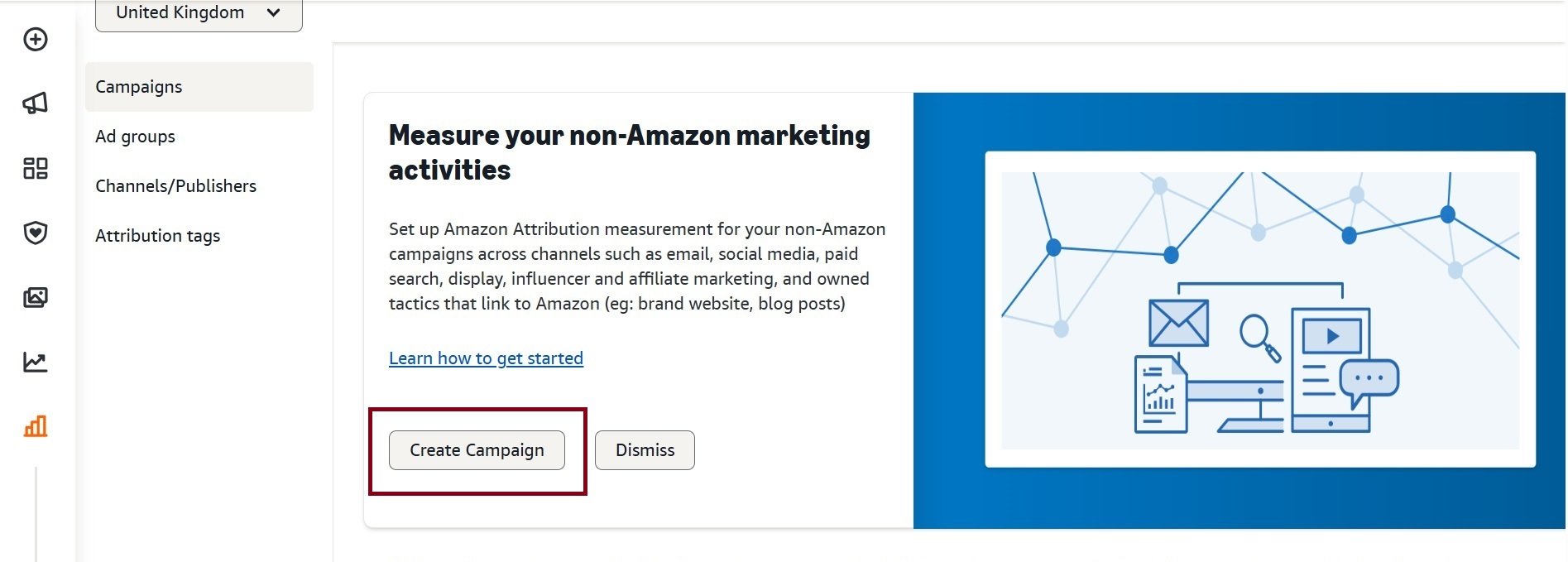 Amazon Attribution dashboard explaining non-Amazon marketing measurement, with a highlighted 'Create Campaign' button.