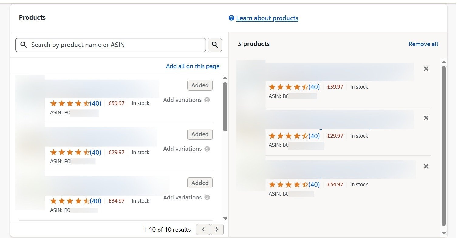An Amazon product search and selection interface, showing product listings and selected items with ratings and prices.