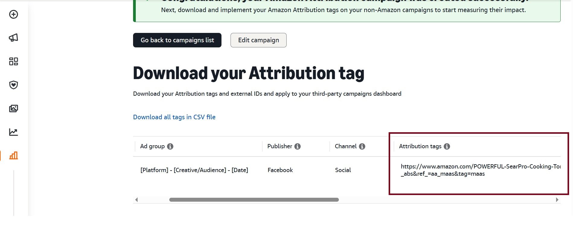 Amazon Attribution page displaying a table with a downloadable tag for a Facebook social campaign.