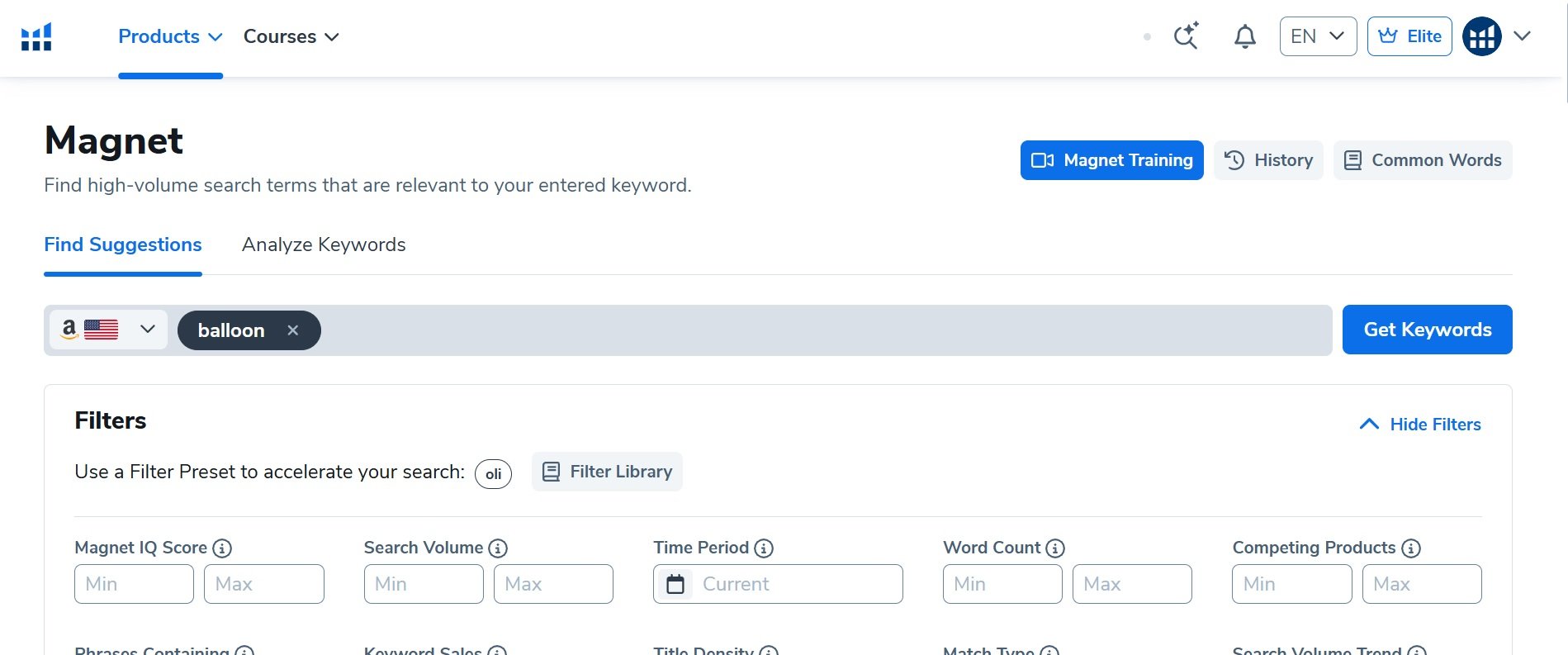 A screenshot of the Magnet keyword research tool showing keyword input for "balloon" and various filter options.