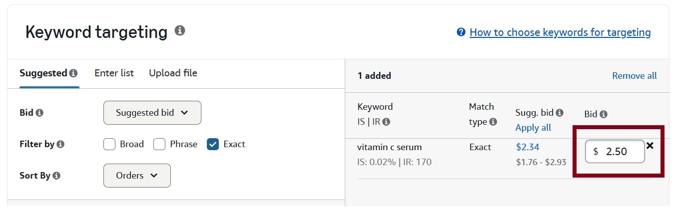 A screenshot of an Amazon keyword targeting interface showing 'vitamin c serum' as an exact match keyword with a bid of $2.50.