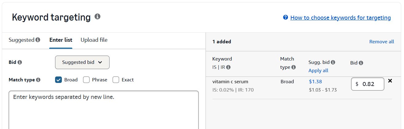 A keyword targeting interface showing 'vitamin c serum' with a broad match type and a custom bid of $0.82.