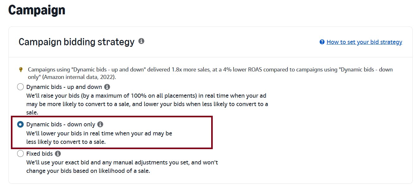 Screenshot of Amazon campaign bidding strategy with 'Dynamic bids - down only' selected, outlining bid adjustment options.