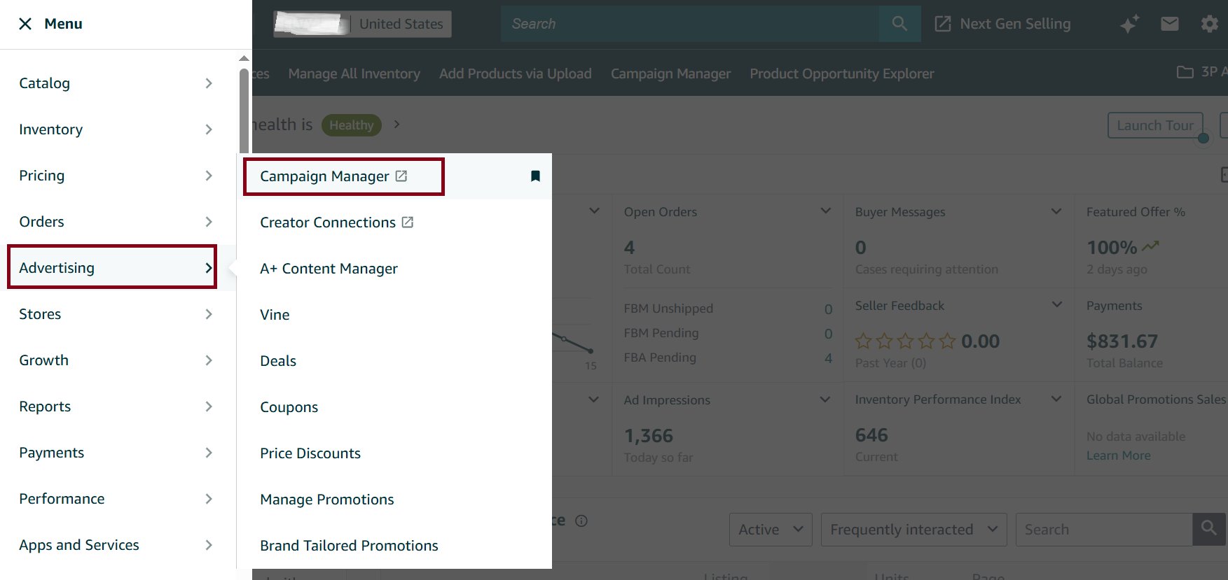 Screenshot of an Amazon Seller Central menu, highlighting 'Advertising' and 'Campaign Manager'.
