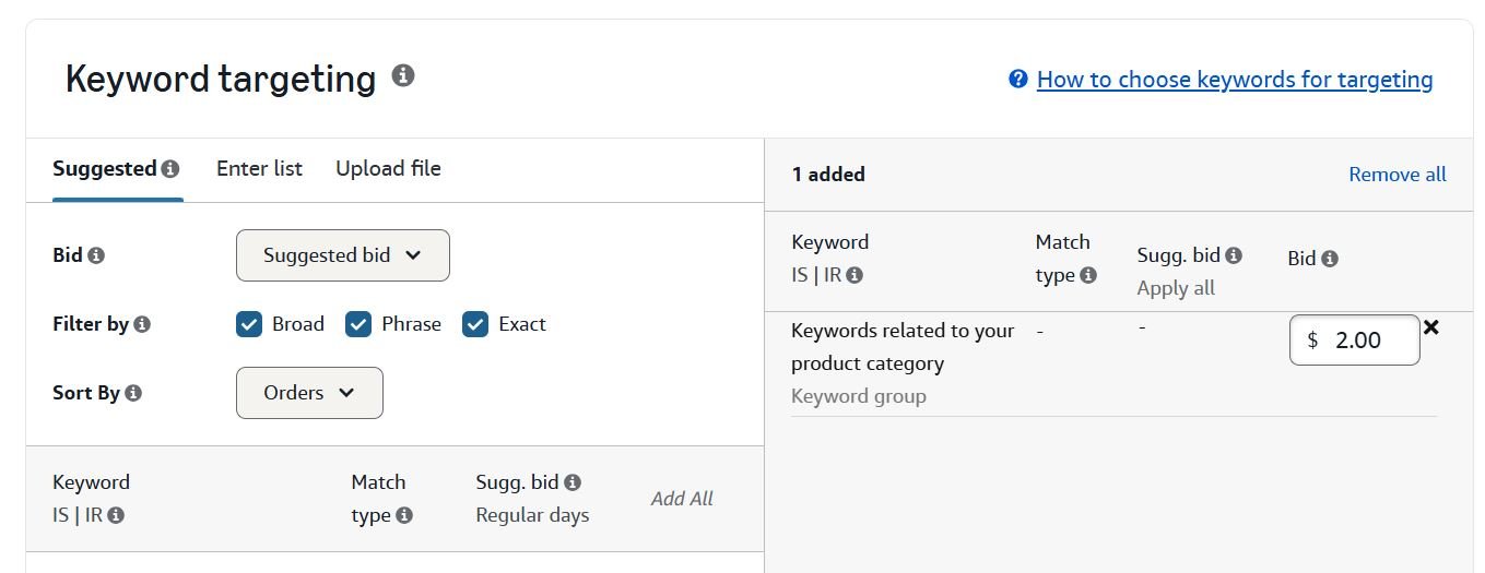 Keyword targeting interface with options for bid, filter by match type, and added keywords with bids.