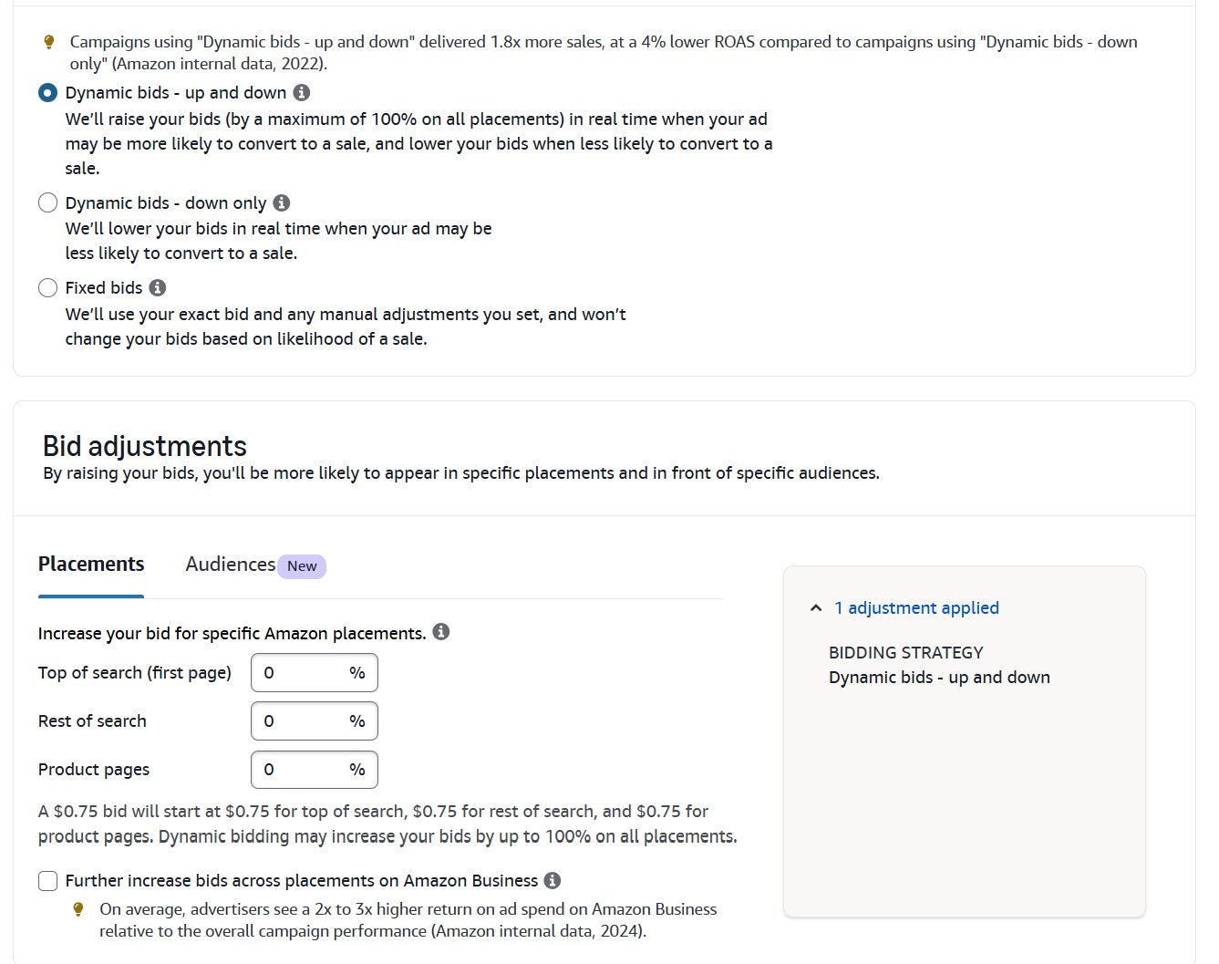 Amazon ad campaign setup showing bid strategy options and detailed placement bid adjustments.
