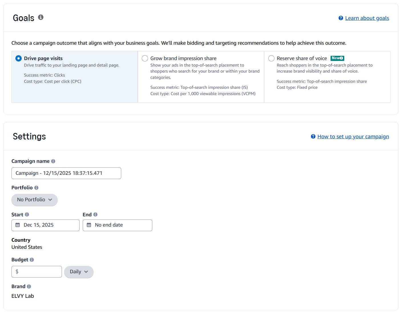 A screenshot of an ad campaign creation interface, showing goals, settings, budget, and brand details.