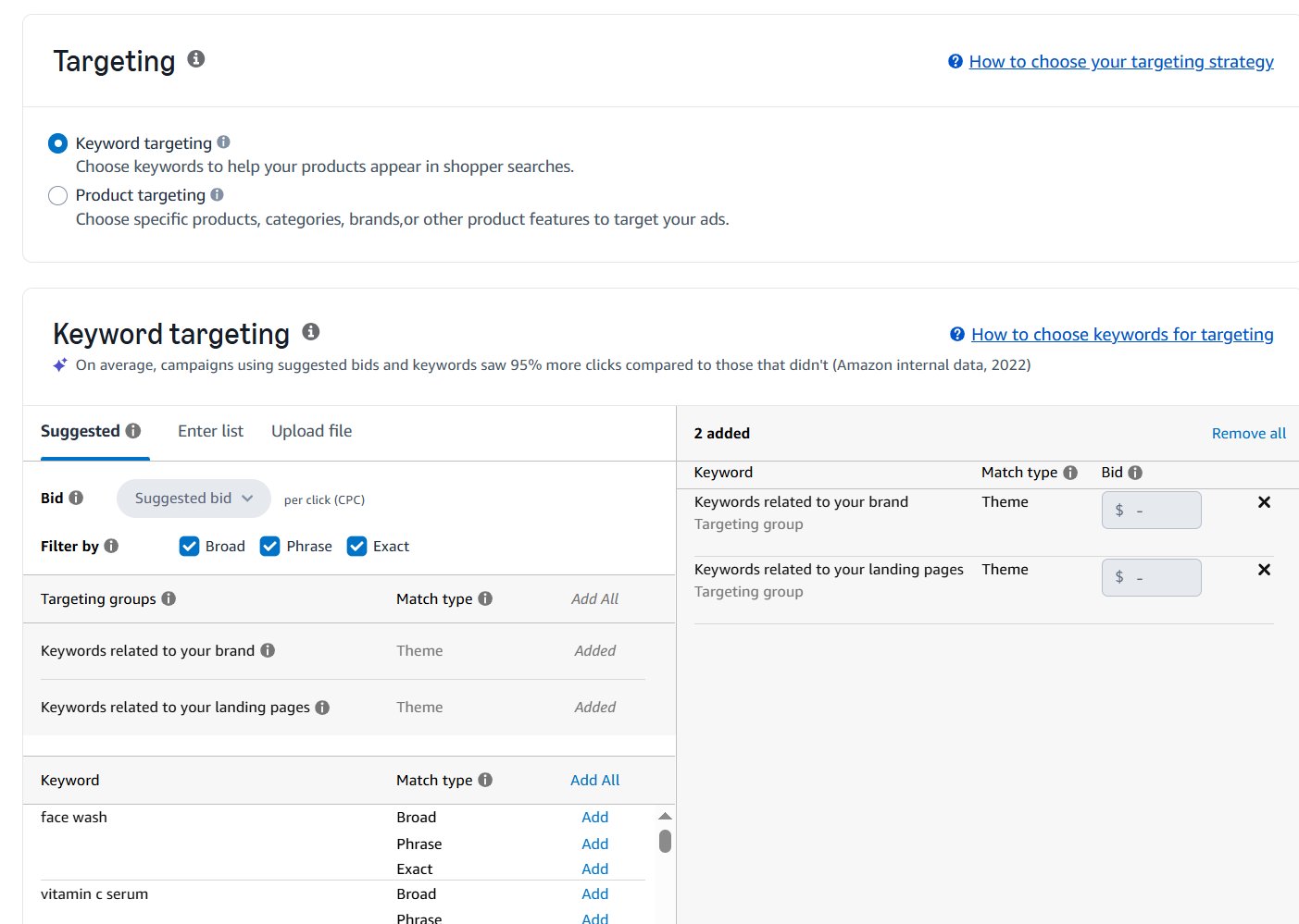 Amazon Ads targeting interface showing keyword targeting, suggested bids, and match types for adding keywords.