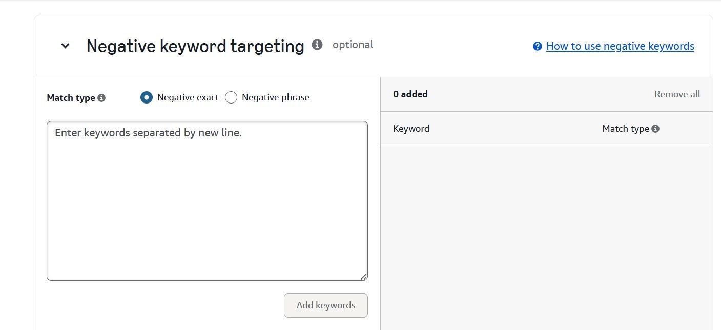A user interface for negative keyword targeting, displaying keyword input and match type options.