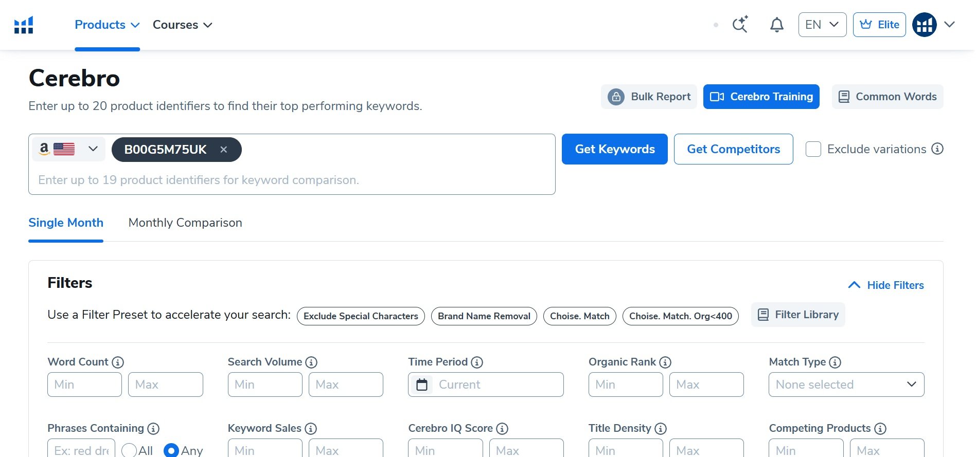 Screenshot of the Cerebro keyword research tool showing input for product identifiers and various filter options.