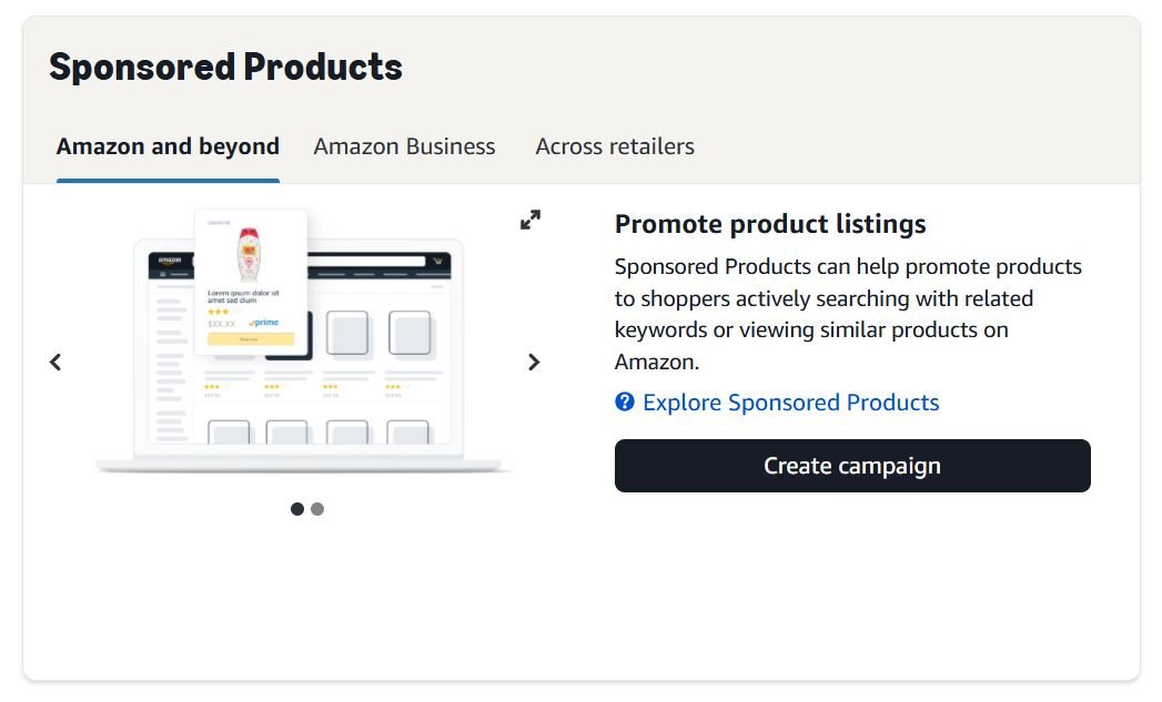 Amazon Sponsored Products interface showing a product listing, description, and campaign creation options.
