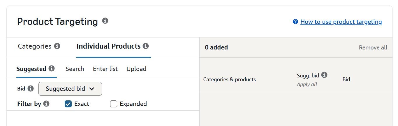 A screenshot of an Amazon advertising interface showing 'Product Targeting' options for individual products.