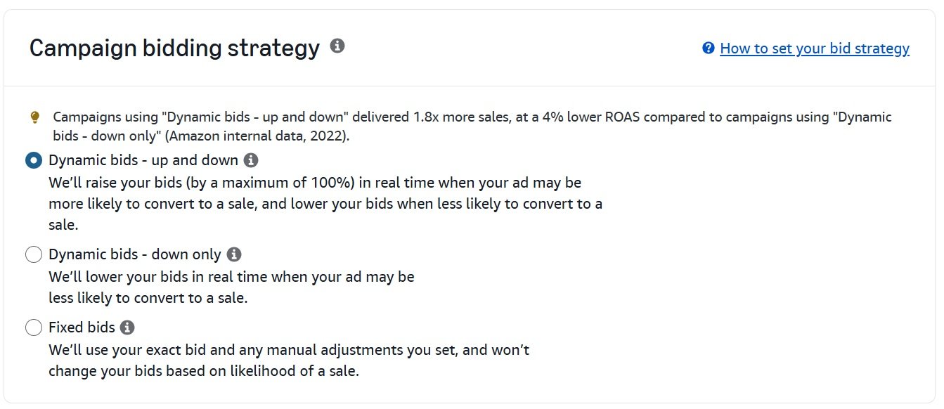 Amazon campaign bidding strategy settings, showing three bid options with 'Dynamic bids - up and down' selected.