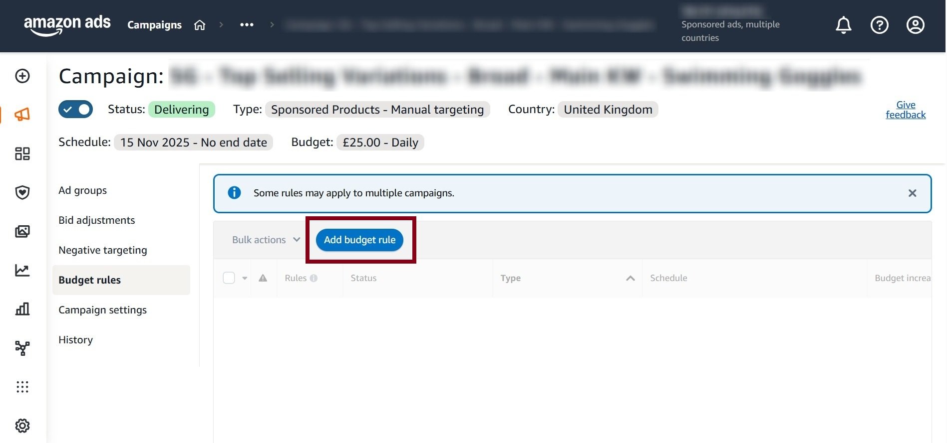 Screenshot of an Amazon Ads campaign page, highlighting the 'Budget rules' section and the 'Add budget rule' button.