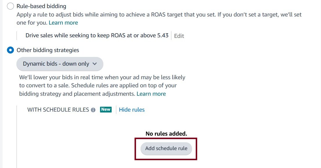 Screenshot of bidding strategies, showing 'Dynamic bids - down only' selected and an 'Add schedule rule' button.