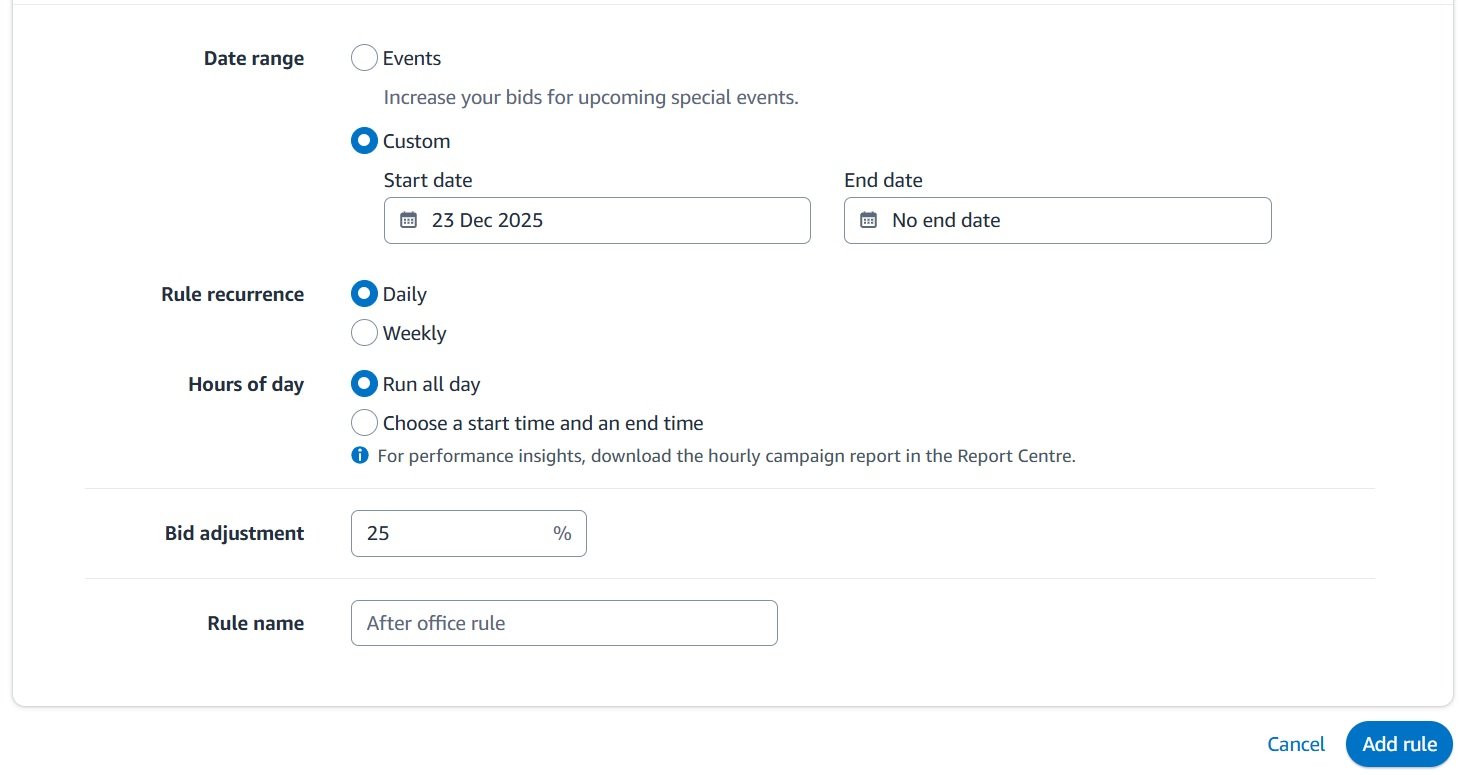 A form for creating a new rule, showing custom date range, daily recurrence, run all day, and bid adjustment settings.