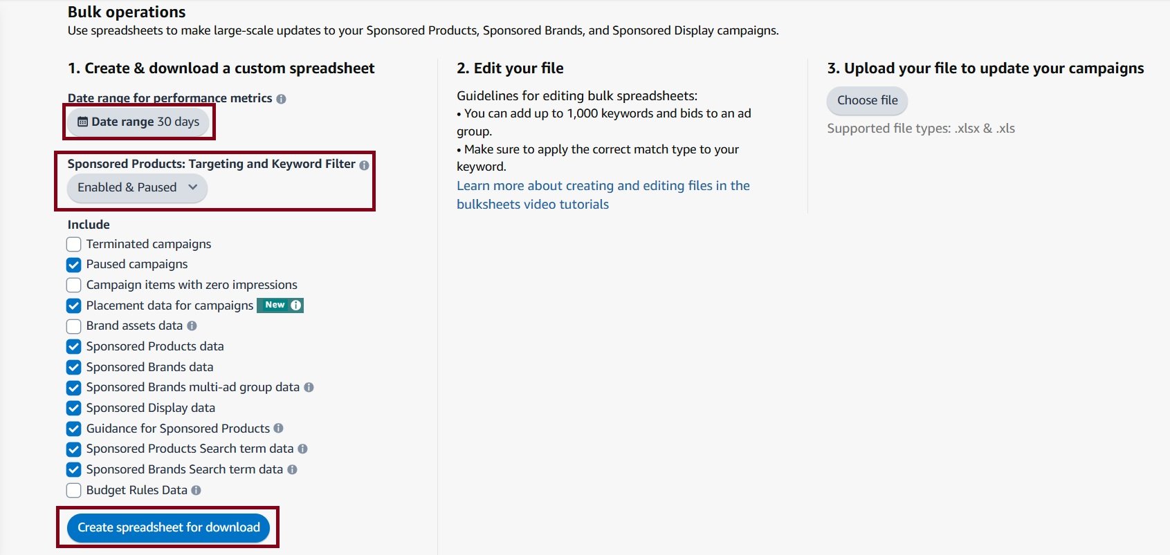 Amazon advertising bulk operations page showing options to create and download a custom campaign spreadsheet.