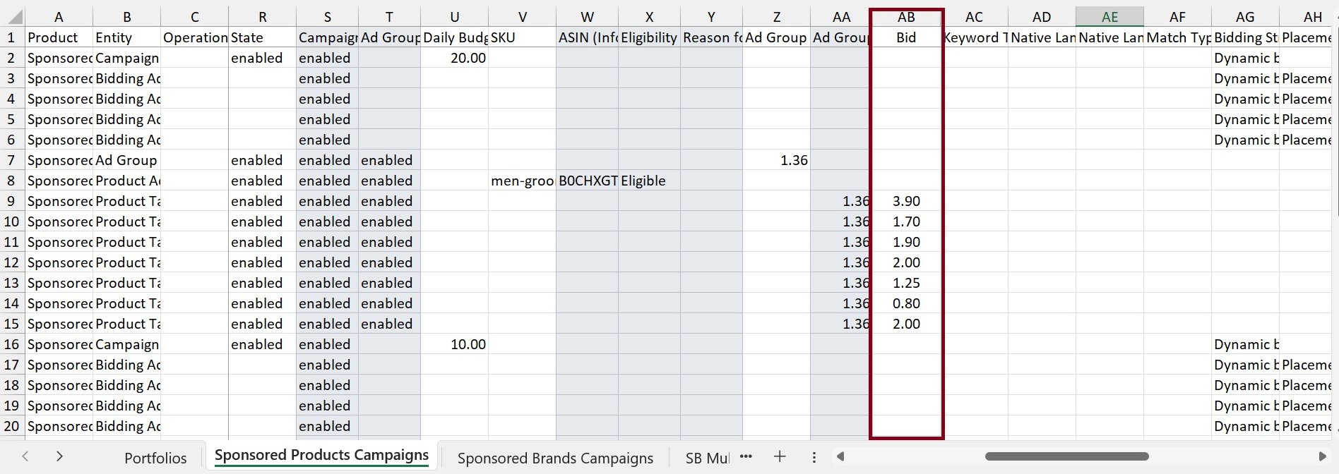 A spreadsheet showing 'Sponsored Products Campaigns' with bid values and campaign statuses.